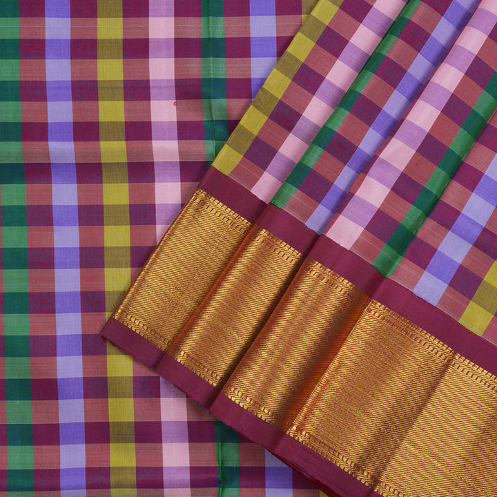 Hayagrivas Handloom Multicolour Checks Kanjivaram Silk Pattu Pavadai with Maroonish Pink Border KBE469F10-9