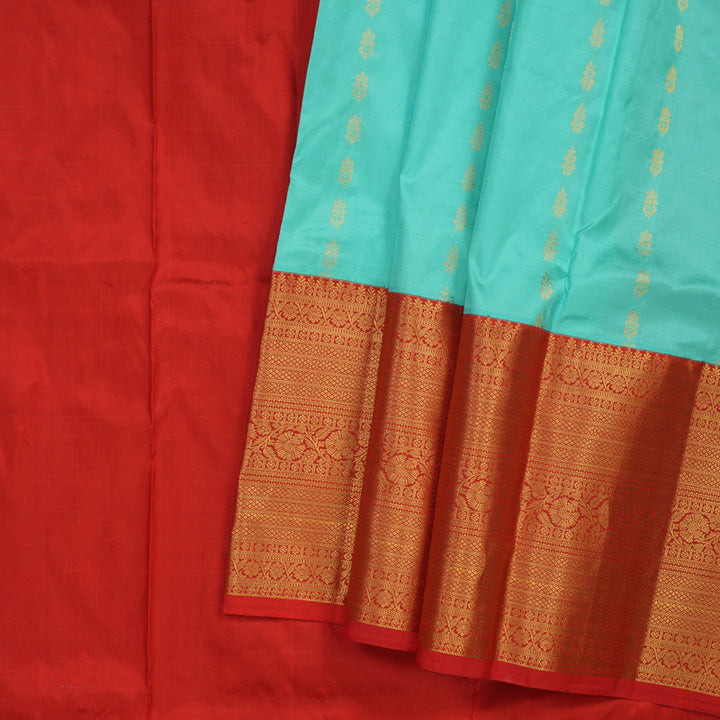 Hayagrivas Handloom Teal Kanjivaram Silk Pattu Pavadai with Red Border KBE469F29-3
