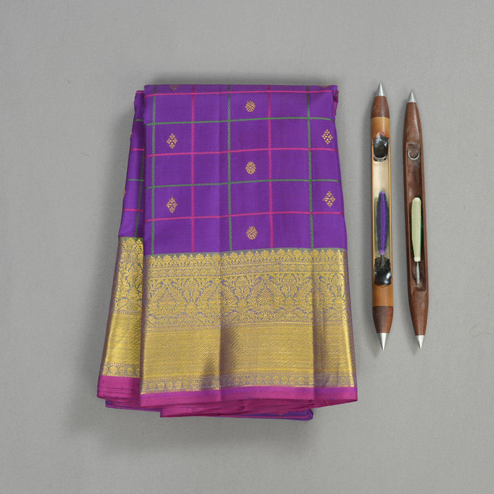 Hayagrivas handloom Kanjivaram silk saree in Captivating  Purplish blue with Parrot green Thread checks KBE46D19-1