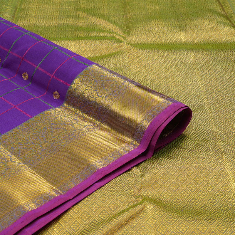 Hayagrivas handloom Kanjivaram silk saree in Captivating  Purplish blue with Parrot green Thread checks KBE46D19-1