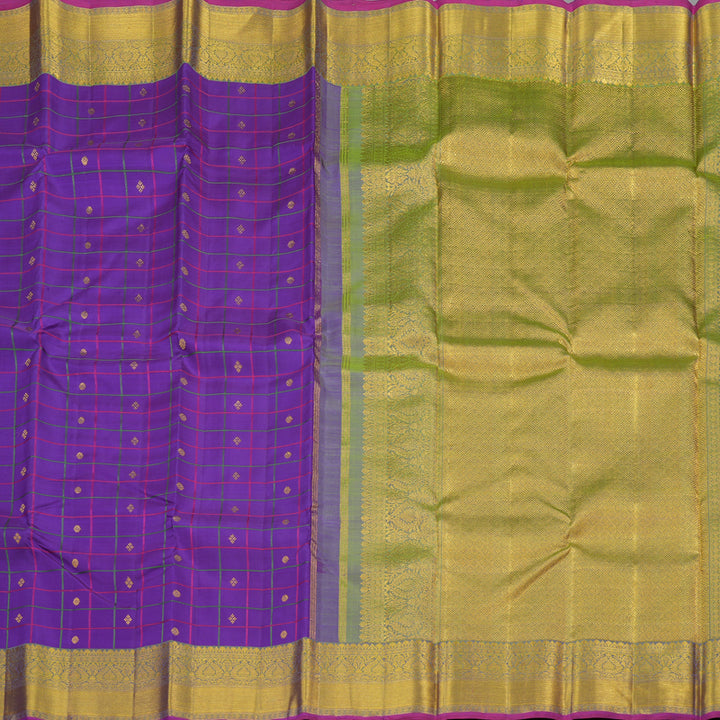 Hayagrivas handloom Kanjivaram silk saree in Captivating  Purplish blue with Parrot green Thread checks KBE46D19-1