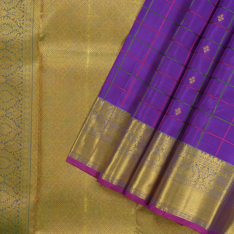 Hayagrivas handloom Kanjivaram silk saree in Captivating  Purplish blue with Parrot green Thread checks KBE46D19-1