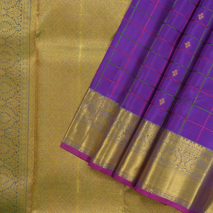 Hayagrivas handloom Kanjivaram silk saree in Captivating  Purplish blue with Parrot green Thread checks KBE46D19-1