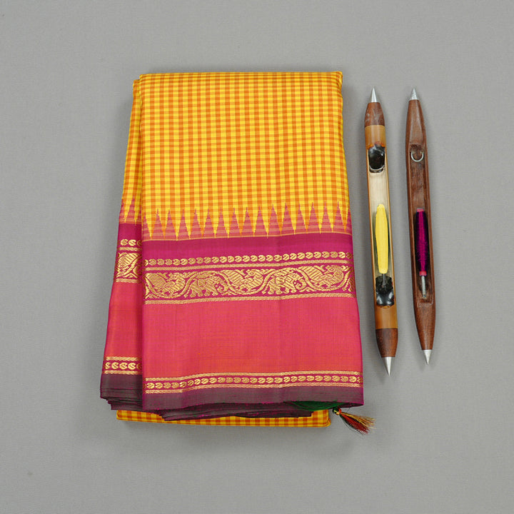 Hayagrivas Mustard Yellow Muted Checks Handloom Kanjivaram Silk Saree with Orangish Pink Border KBE46D20-1