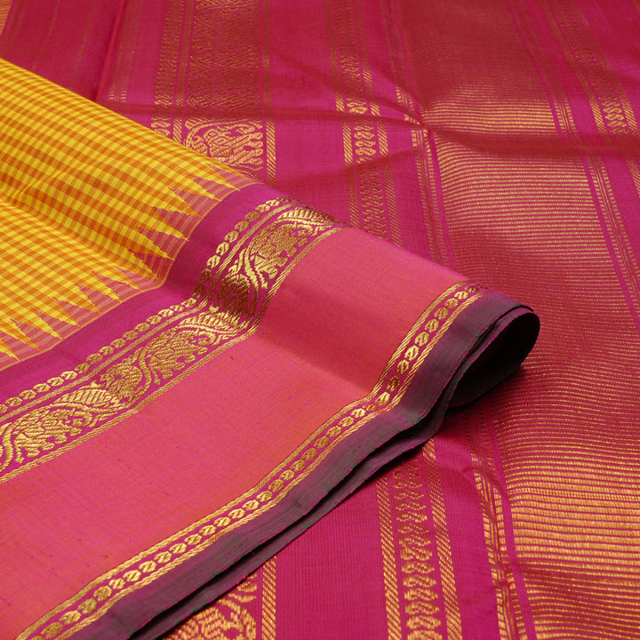 Hayagrivas Mustard Yellow Muted Checks Handloom Kanjivaram Silk Saree with Orangish Pink Border KBE46D20-1