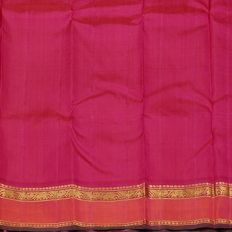 Hayagrivas Mustard Yellow Muted Checks Handloom Kanjivaram Silk Saree with Orangish Pink Border KBE46D20-1