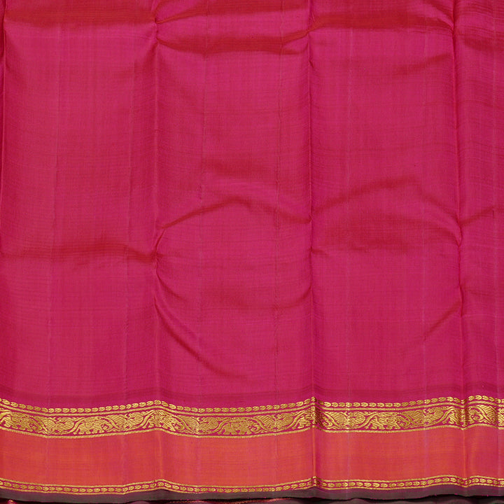 Hayagrivas Mustard Yellow Muted Checks Handloom Kanjivaram Silk Saree with Orangish Pink Border KBE46D20-1