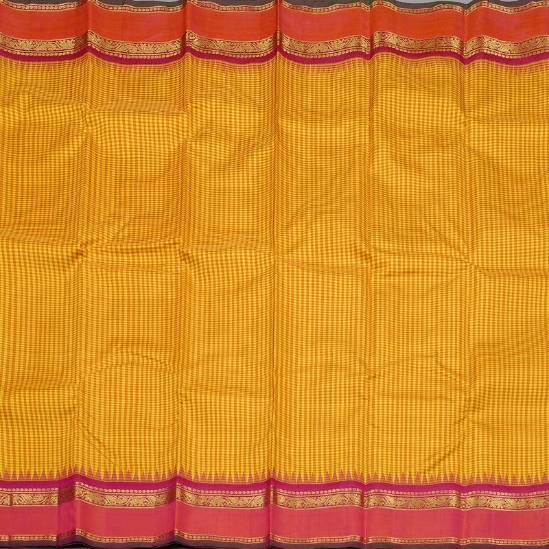 Hayagrivas Mustard Yellow Muted Checks Handloom Kanjivaram Silk Saree with Orangish Pink Border KBE46D20-1