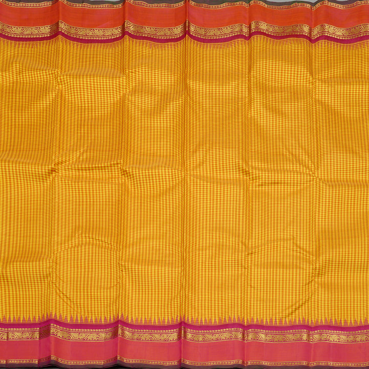Hayagrivas Mustard Yellow Muted Checks Handloom Kanjivaram Silk Saree with Orangish Pink Border KBE46D20-1