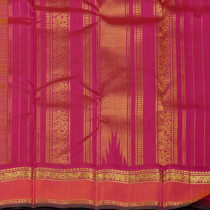 Hayagrivas Mustard Yellow Muted Checks Handloom Kanjivaram Silk Saree with Orangish Pink Border KBE46D20-1