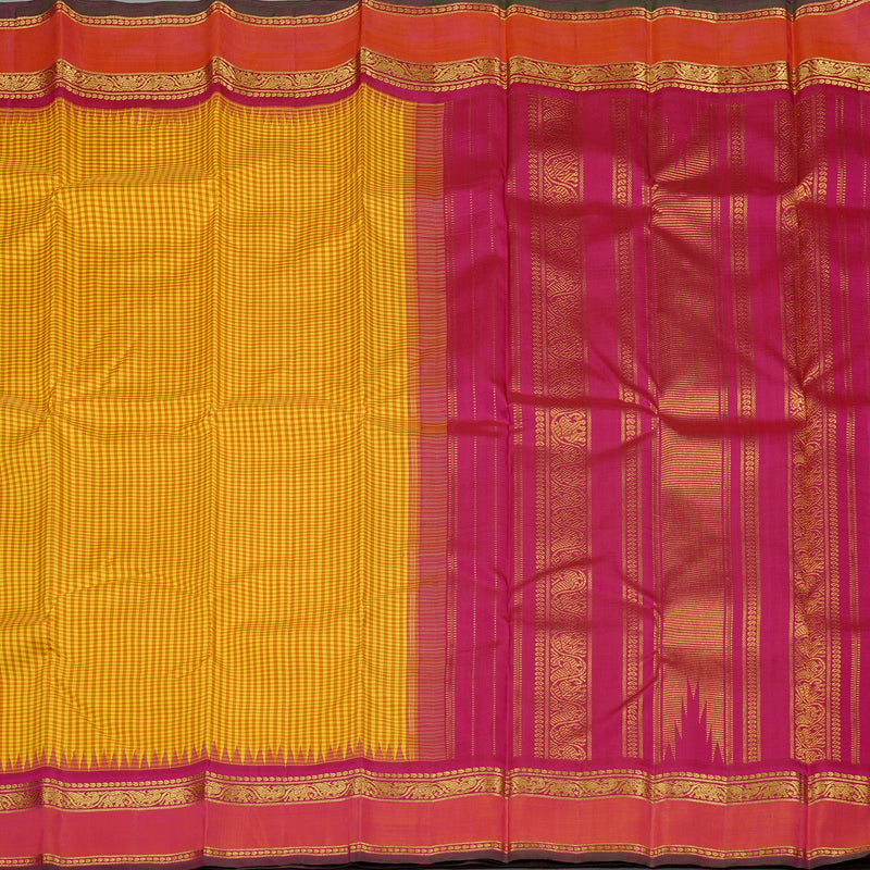 Hayagrivas Mustard Yellow Muted Checks Handloom Kanjivaram Silk Saree with Orangish Pink Border KBE46D20-1