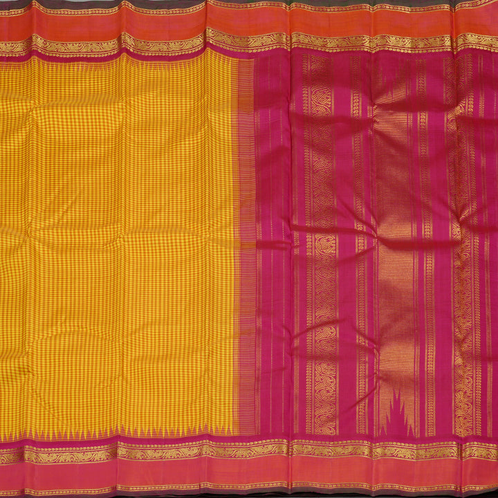 Hayagrivas Mustard Yellow Muted Checks Handloom Kanjivaram Silk Saree with Orangish Pink Border KBE46D20-1