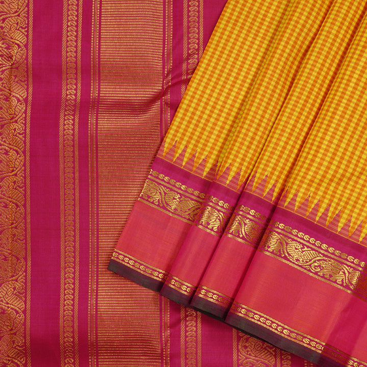 Hayagrivas Mustard Yellow Muted Checks Handloom Kanjivaram Silk Saree with Orangish Pink Border KBE46D20-1