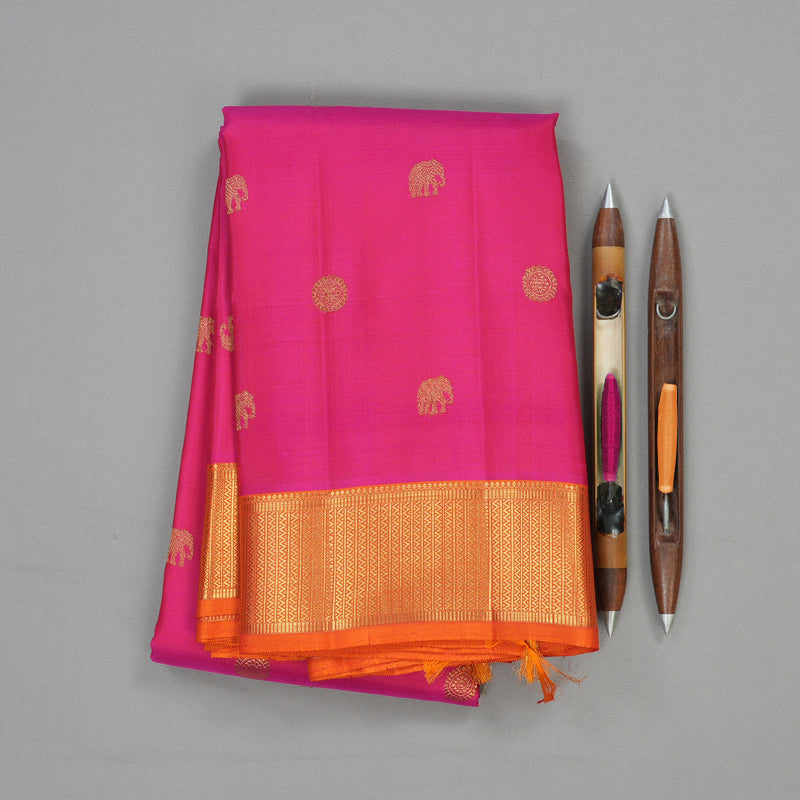 Hayagrivas Handloom Pure Kanjivaram Silk Saree in Celestial Orangish Pink KBE473F2-1