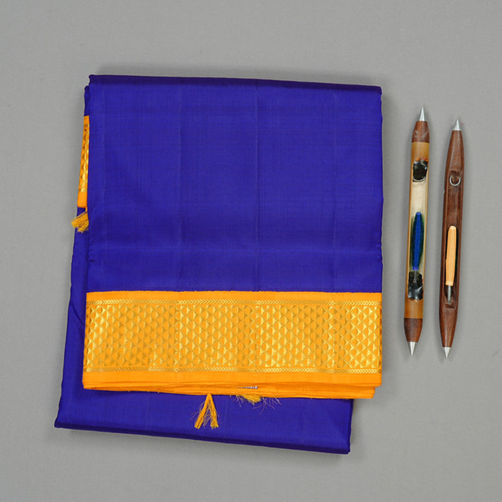 Hayagrivas Blue Handloom Kanjivaram Ten Yards Silk Saree with Mango Yellow Border KBE47D9-1