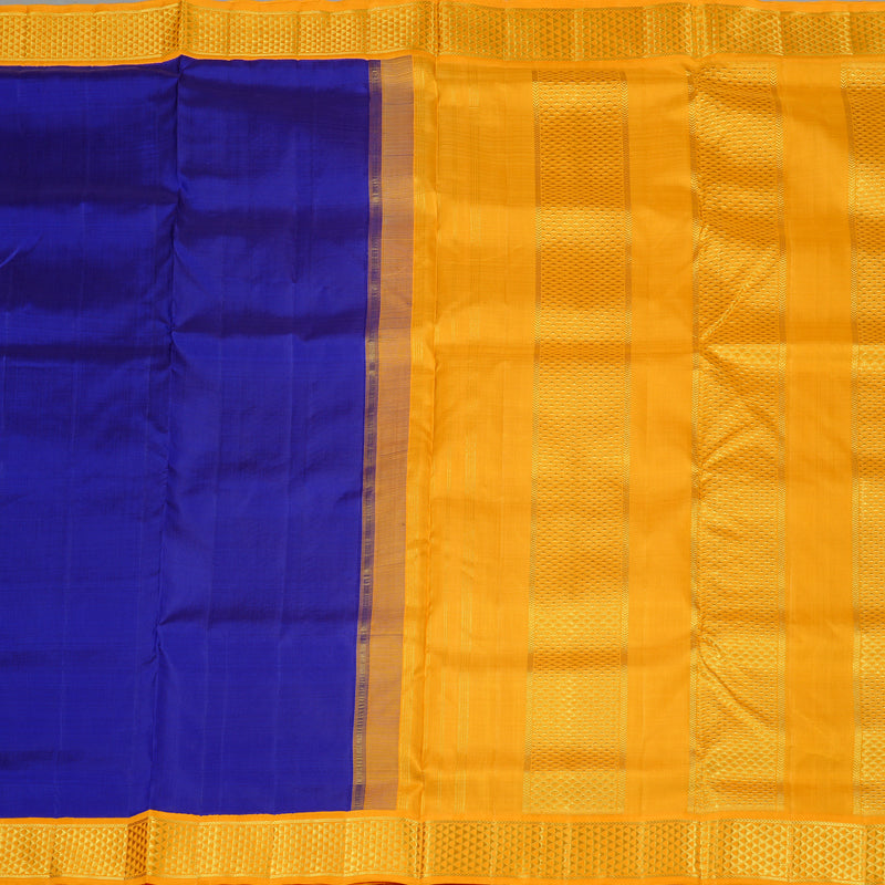Hayagrivas Blue Handloom Kanjivaram Ten Yards Silk Saree with Mango Yellow Border KBE47D9-1