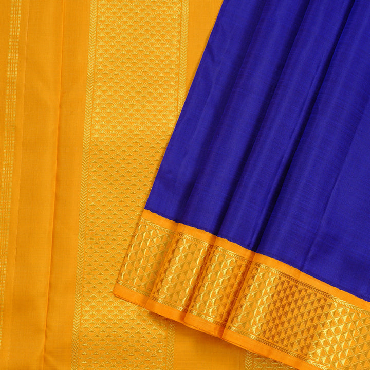 Hayagrivas Blue Handloom Kanjivaram Ten Yards Silk Saree with Mango Yellow Border KBE47D9-1