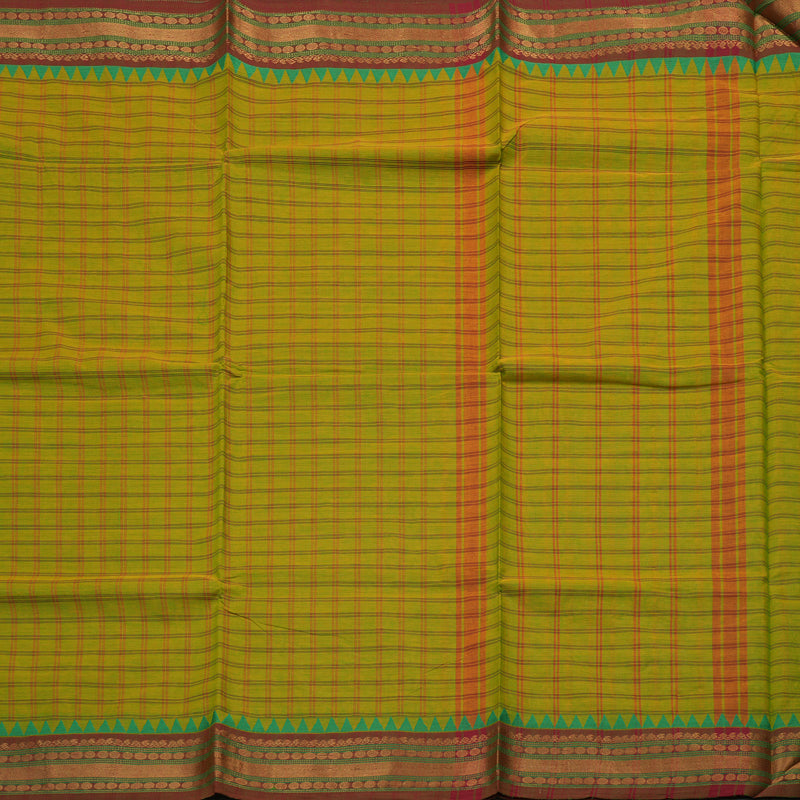 Hayagrivas Handloom Pure Cotton Saree in vibrant fluorescent green with maroon border KBE48D2-1