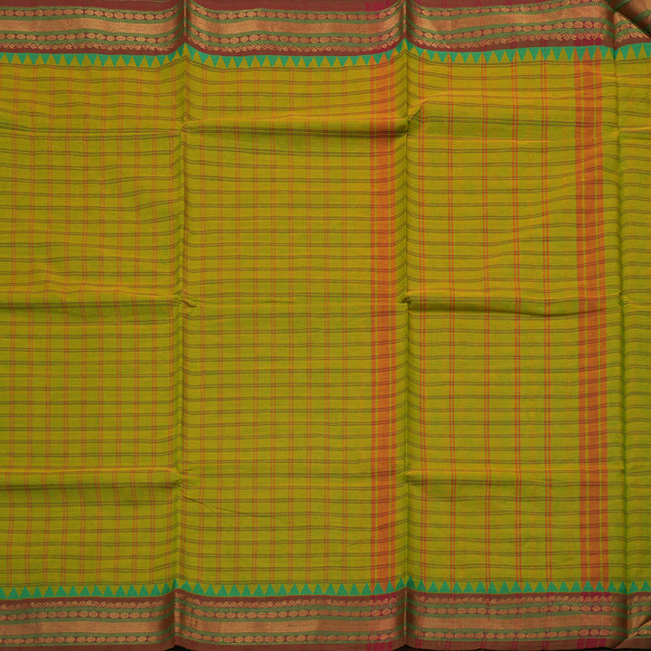 Hayagrivas Handloom Pure Cotton Saree in vibrant fluorescent green with maroon border KBE48D2-1