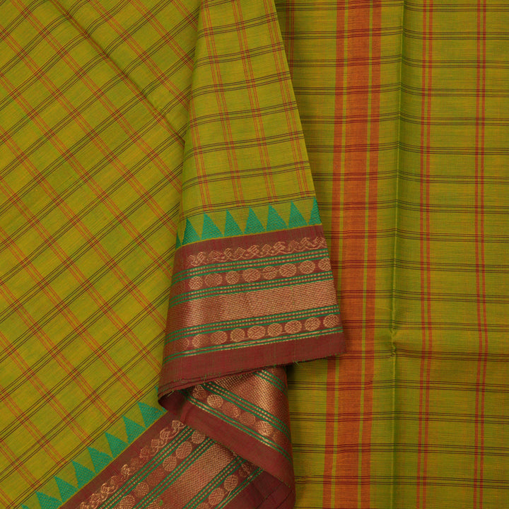 Hayagrivas Handloom Pure Cotton Saree in vibrant fluorescent green with maroon border KBE48D2-1