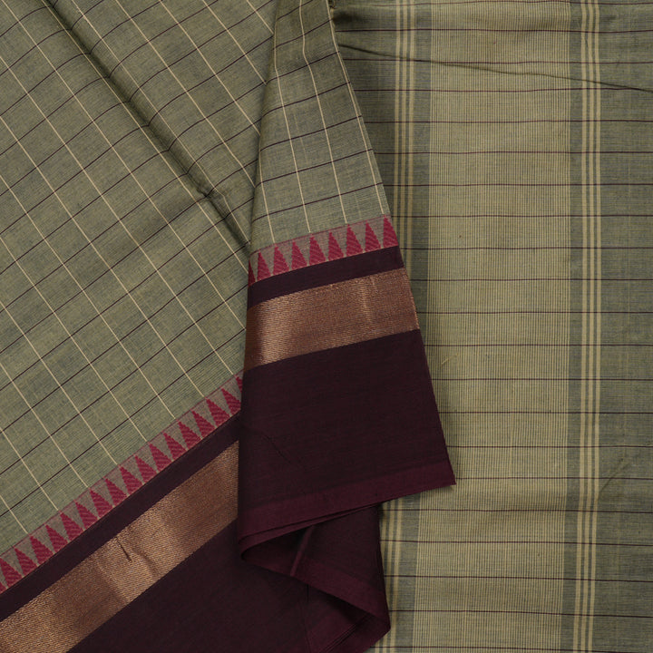Hayagrivas Handloom Pure Cotton Saree in ash grey with wine maroon border KBE48D2-5