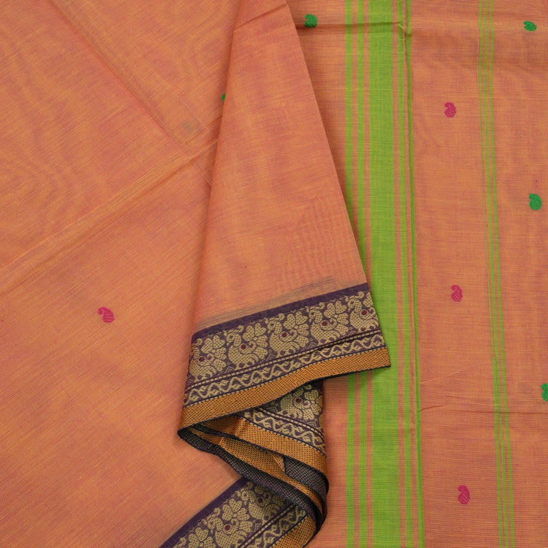 Hayagrivas Peach Pink Handloom Pure Cotton Saree with Dark Purple Border KBE48D3-15