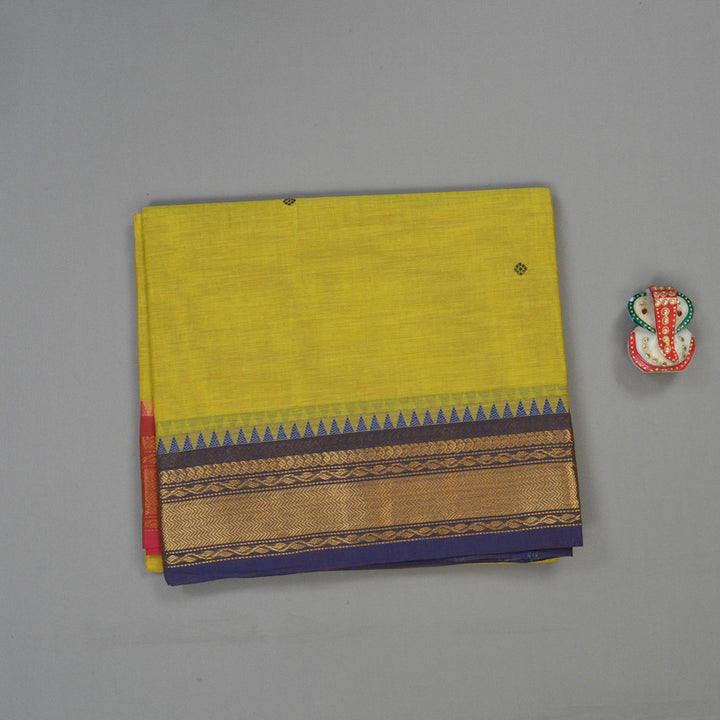 Hayagrivas Handloom Pure cotton saree in Lemon yellow Ganga jamuna border KBE48D3-26