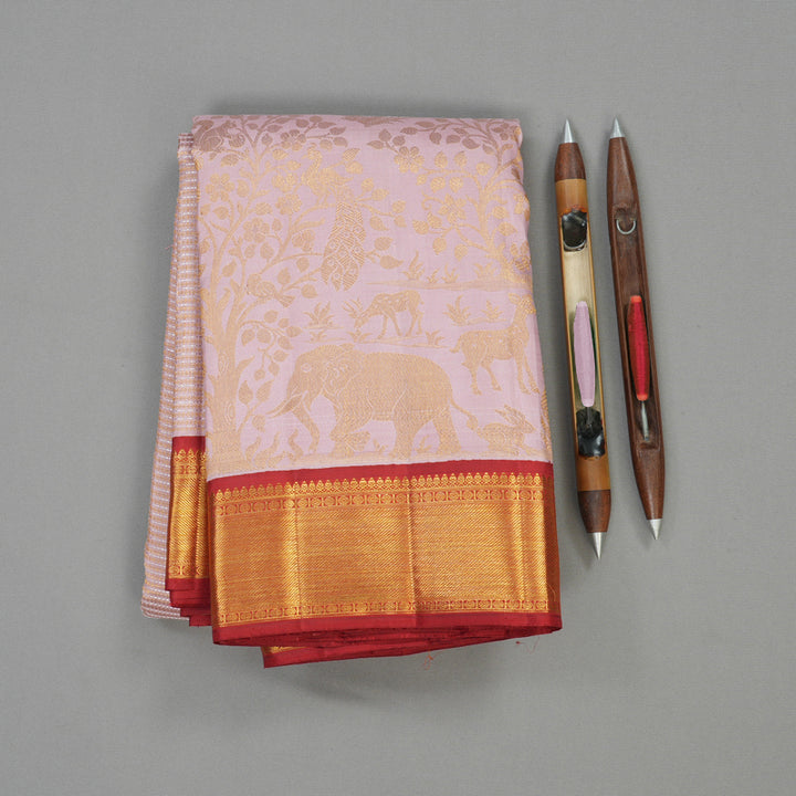 Hayagrivas Exclusive Bridal Kanjivaram Silk Saree in Gleaming Baby pink with Red KBE490F12-1