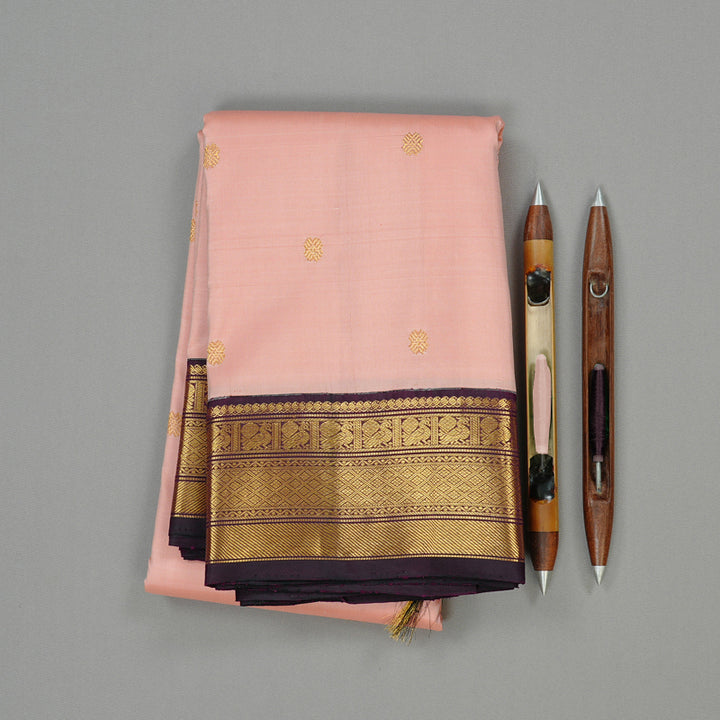 Hayagrivas Peach Pink Handloom Kanjivaram Silk Saree with Dark Purple Border KBE49D6-1