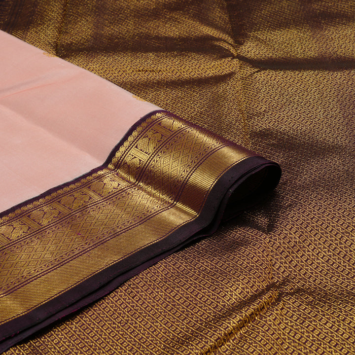 Hayagrivas Peach Pink Handloom Kanjivaram Silk Saree with Dark Purple Border KBE49D6-1