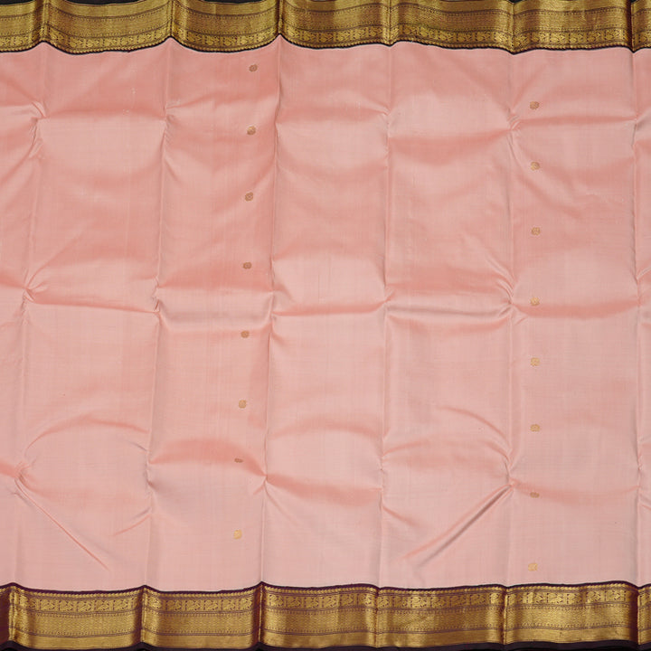 Hayagrivas Peach Pink Handloom Kanjivaram Silk Saree with Dark Purple Border KBE49D6-1