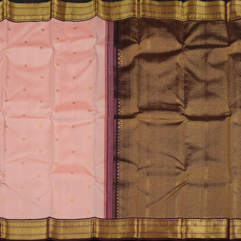 Hayagrivas Peach Pink Handloom Kanjivaram Silk Saree with Dark Purple Border KBE49D6-1