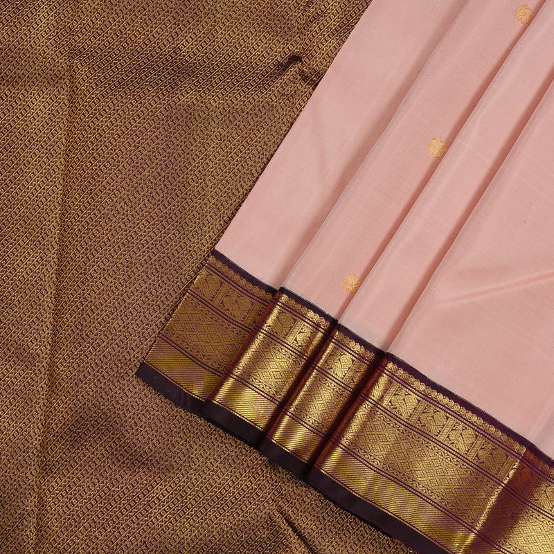 Hayagrivas Peach Pink Handloom Kanjivaram Silk Saree with Dark Purple Border KBE49D6-1
