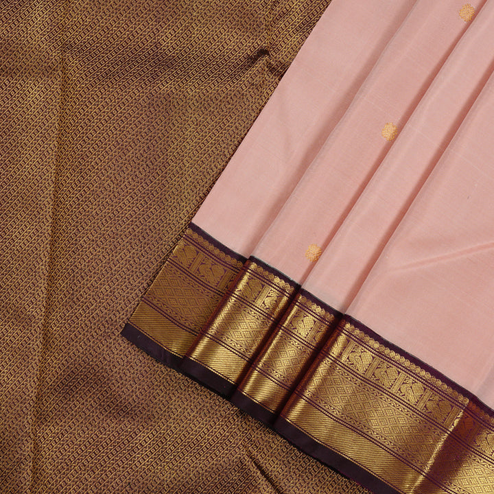 Hayagrivas Peach Pink Handloom Kanjivaram Silk Saree with Dark Purple Border KBE49D6-1