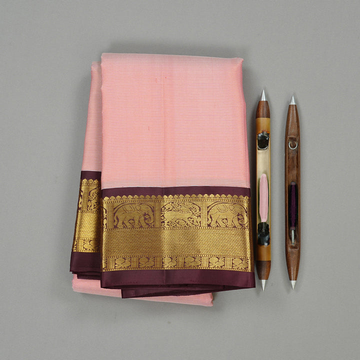 Hayagrivas Peach Pink Handloom Kanjivaram Silk Saree with Dark Brown Border KBE49D6-3