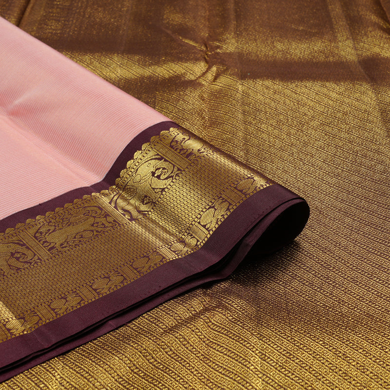Hayagrivas Peach Pink Handloom Kanjivaram Silk Saree with Dark Brown Border KBE49D6-3