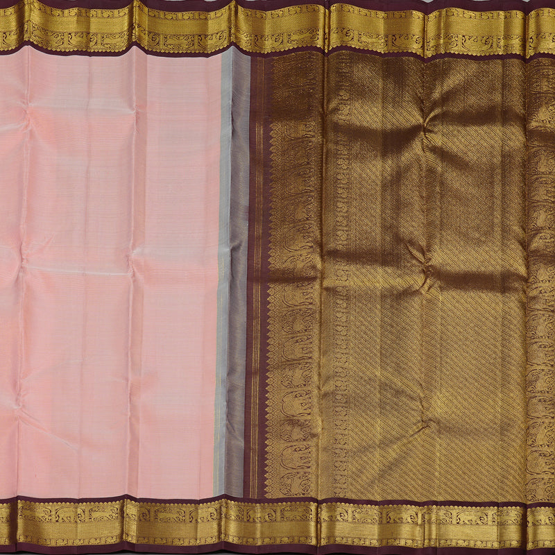 Hayagrivas Peach Pink Handloom Kanjivaram Silk Saree with Dark Brown Border KBE49D6-3