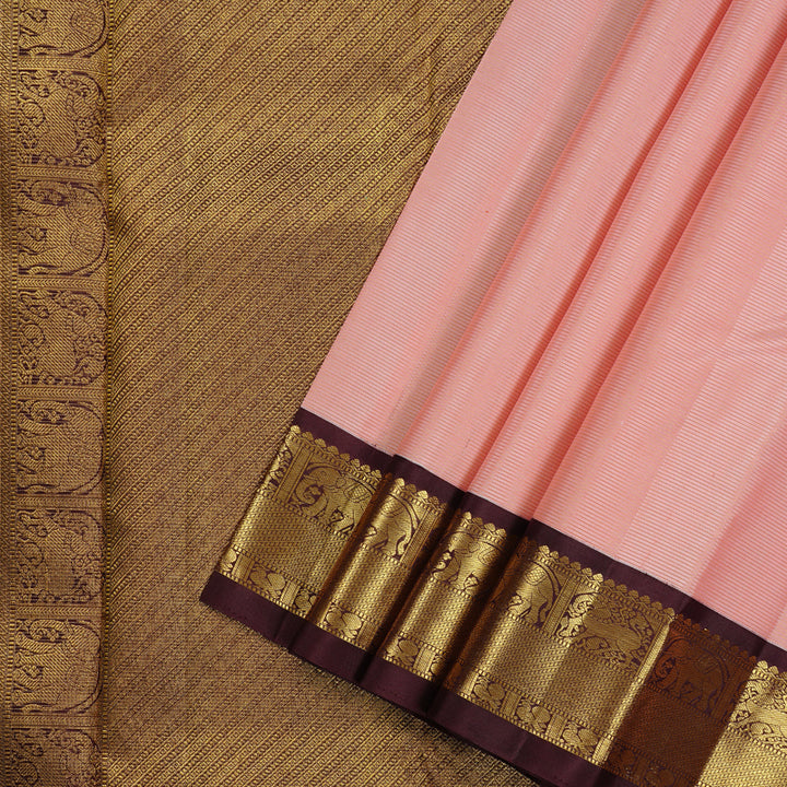 Hayagrivas Peach Pink Handloom Kanjivaram Silk Saree with Dark Brown Border KBE49D6-3