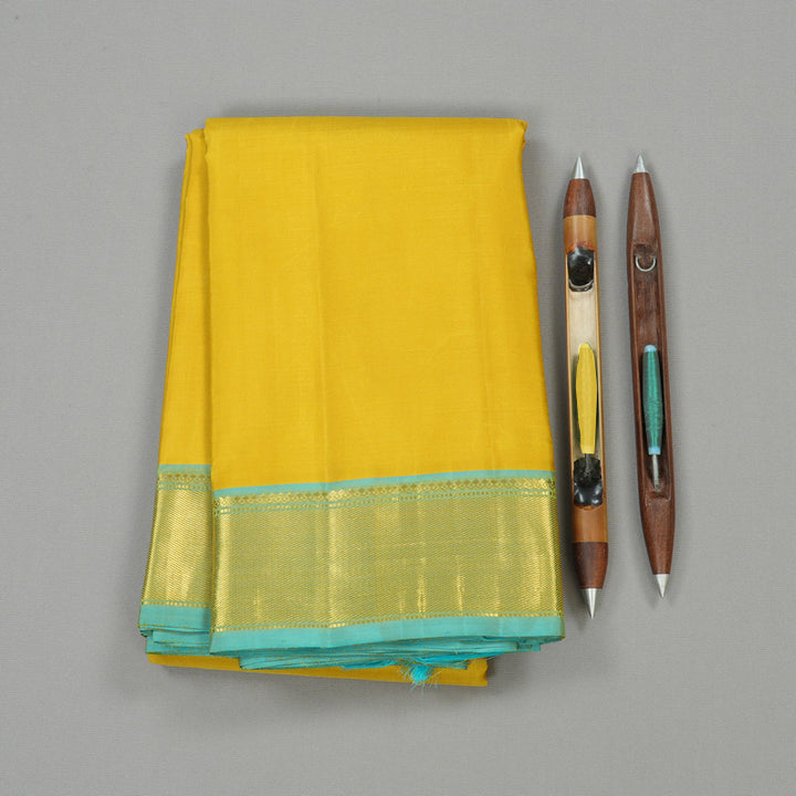 Hayagrivas Lemon Yellow Handloom Kanjivaram Silk Saree with Sea Blue Border KBE4D19-1