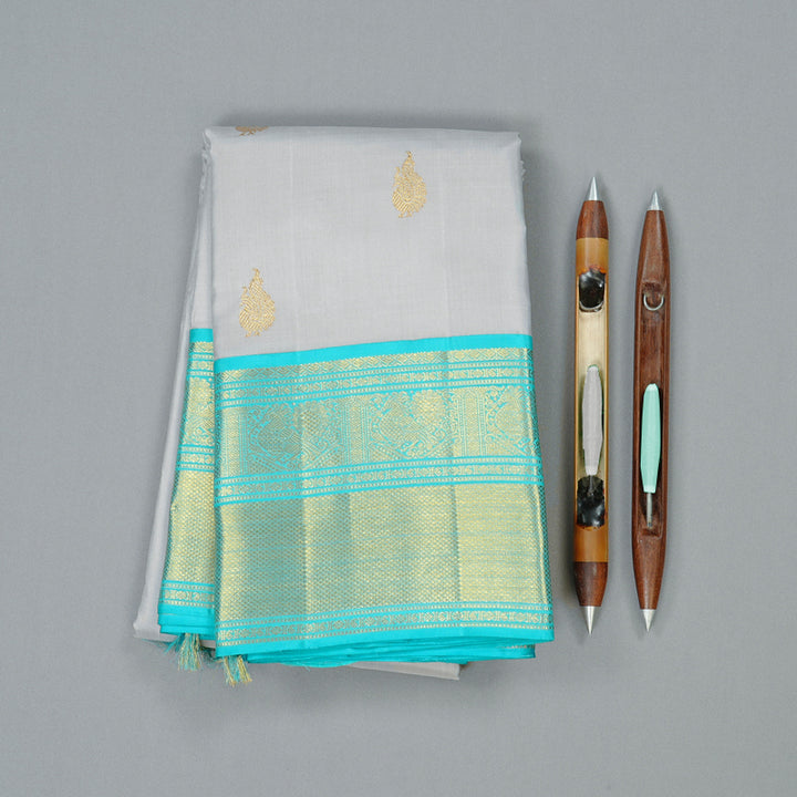 Hayagrivas Silver Grey Handloom Kanjivaram Silk Saree with Sea Blue Border KBE4D20-1