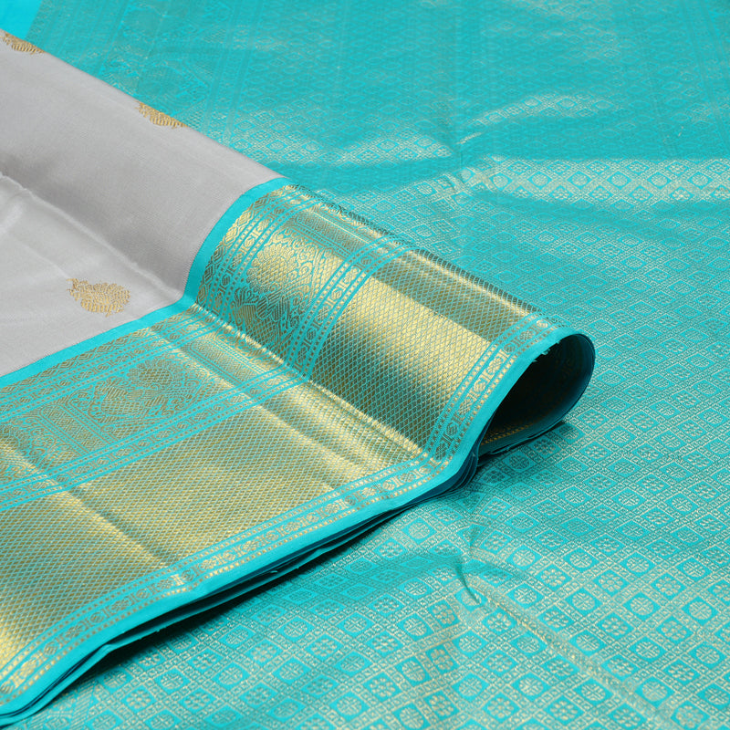 Hayagrivas Silver Grey Handloom Kanjivaram Silk Saree with Sea Blue Border KBE4D20-1