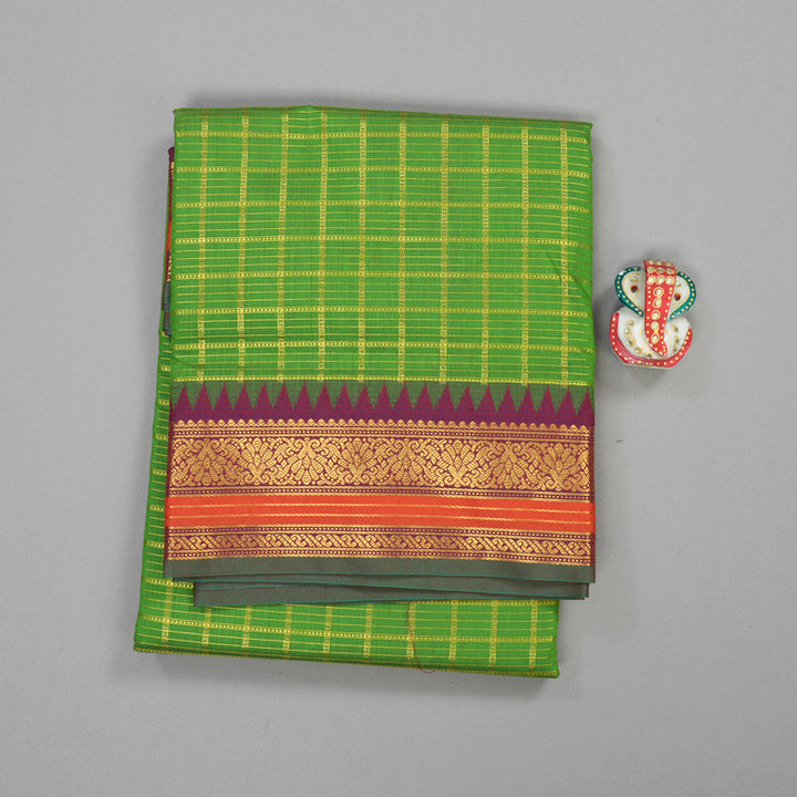 Hayagrivas Pure Ten Yards Semi Silk Saree in Parrot Green with Maroon KBE508F36-4