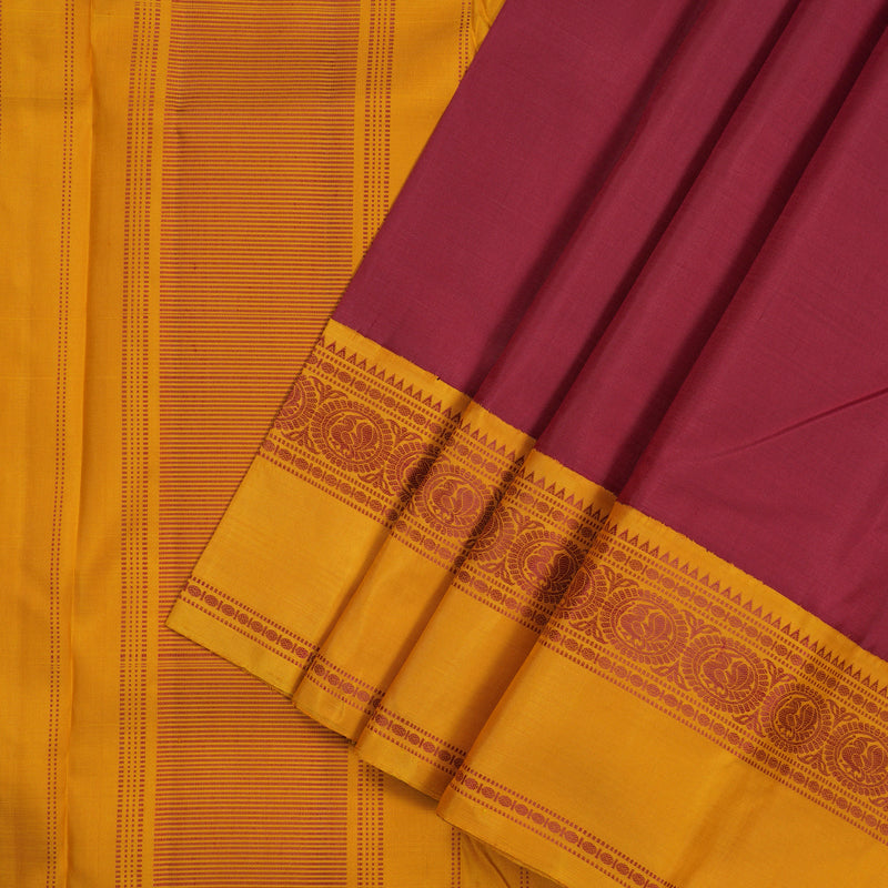 Hayagrivas Handloom Maroon Kanjivaram Silk Saree with Tumeric Yellow Border KBE51D4-1