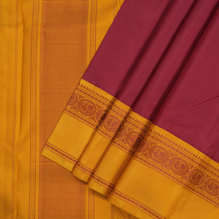 Hayagrivas Handloom Maroon Kanjivaram Silk Saree with Tumeric Yellow Border KBE51D4-1