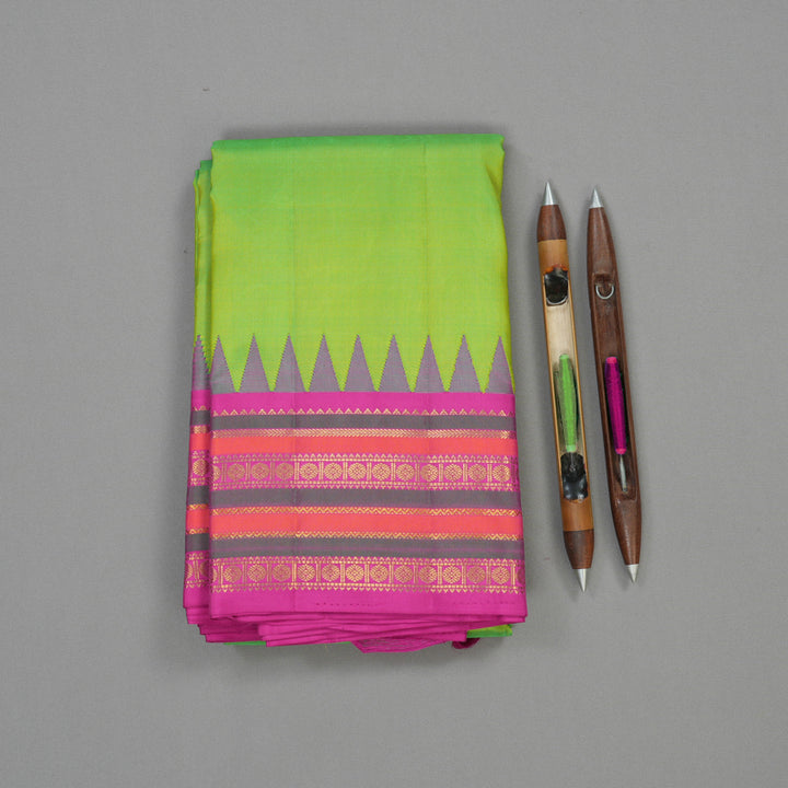 Hayagrivas Handloom Fluorescent Green Kanjivaram Silk Saree with Rani Pink border KBE541F3-2