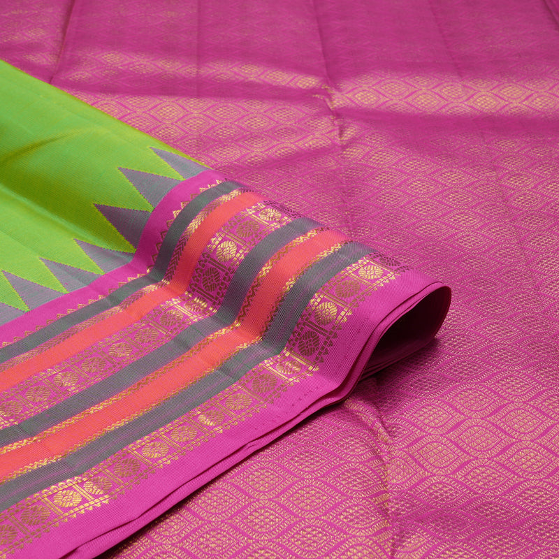 Hayagrivas Handloom Fluorescent Green Kanjivaram Silk Saree with Rani Pink border KBE541F3-2