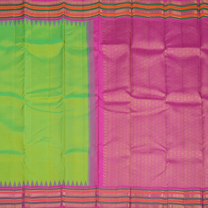 Hayagrivas Handloom Fluorescent Green Kanjivaram Silk Saree with Rani Pink border KBE541F3-2