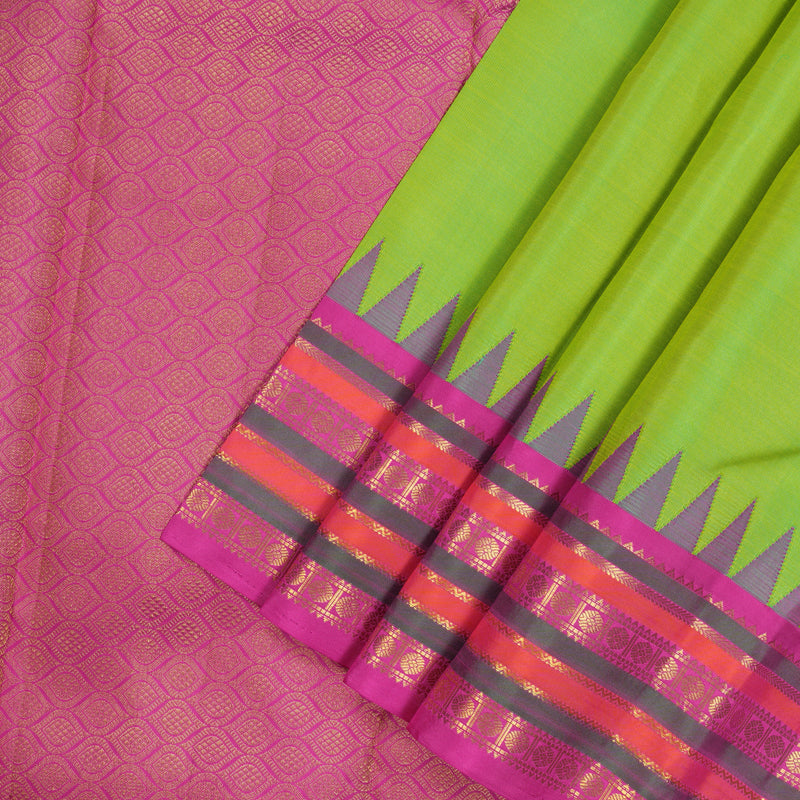 Hayagrivas Handloom Fluorescent Green Kanjivaram Silk Saree with Rani Pink border KBE541F3-2