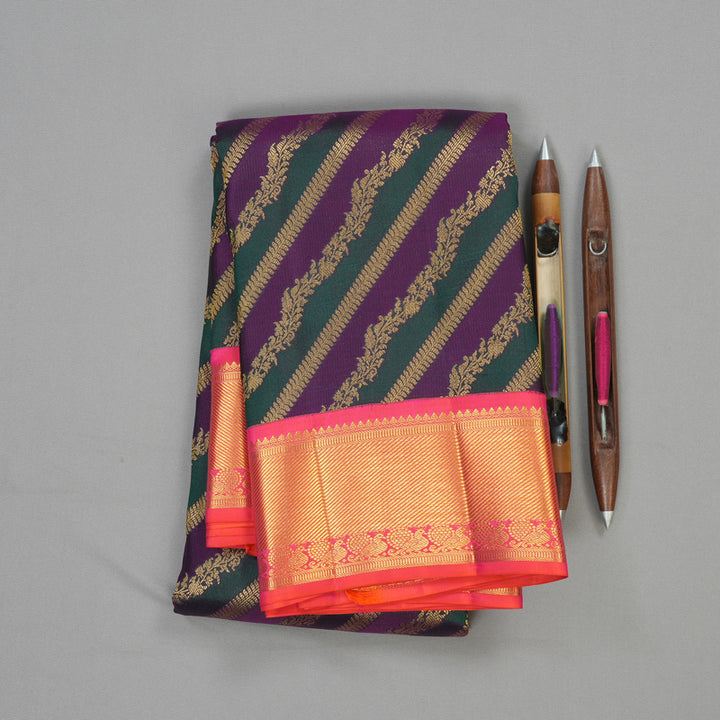 Hayagrivas Handloom Pure Kanjivaram Silk Saree in Magnificent Green With Purple KBE543F13-5