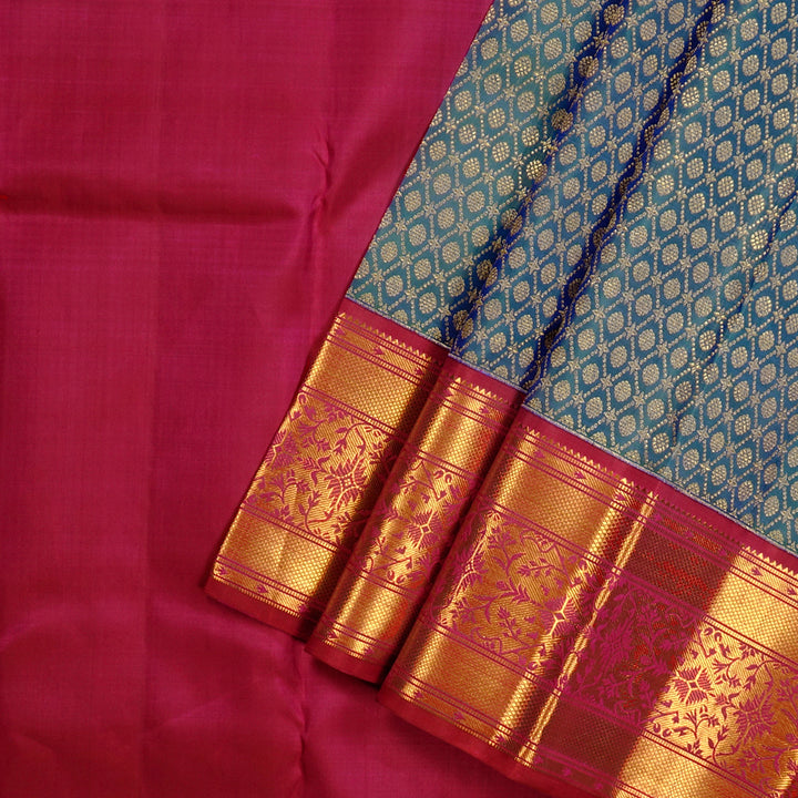 Hayagrivas Handloom Kanjivaram Pattu Pavadai in luxurious Peacock Blue with Deep Pink KBE552F26-1